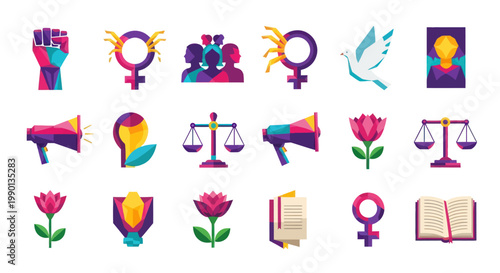 Feminism Icons Set: Diversity, Equality, Strength, Peace, Justice, Women's Rights