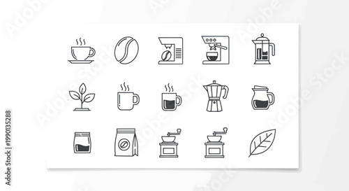 Coffee Icons Set: Hot Drinks, Beans, Machines, Grinders, French Press, Moka Pot