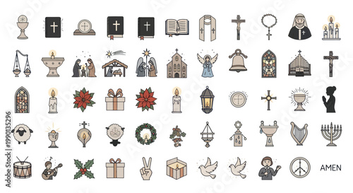 Christianity Religious Symbols Icons Set Vector Illustration