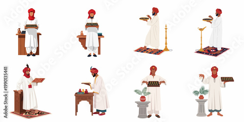Collection of Middle Eastern jewelry merchants in traditional costumes holding trays with rings and gemstones, isolated on a white background.