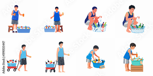 Illustrations of boys selling cold drinks and soda from ice-filled tubs and wagons, highlighting youth entrepreneurship and small business activities during summer.