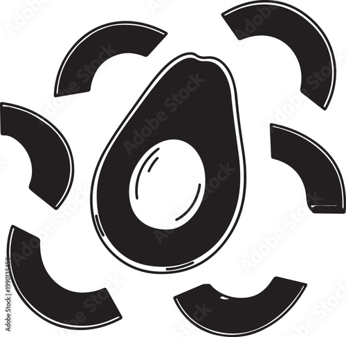Avocado Halves and Slices Black and White Graphic Style