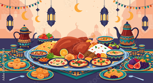 A vibrant illustration of a traditional Ramadan Iftar feast, featuring a roasted chicken, rice, multiple side dishes, desserts, and beverages on a decorated table with lanterns and crescent moons.