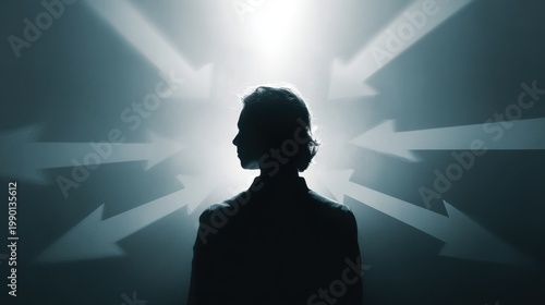 A silhouette of a person standing, facing multiple directions. The person is standing in front of arrows pointing in multiple directions, suggesting options, choices, and decisions. 