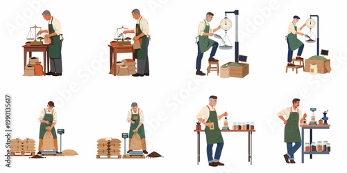 A collection of illustrations showing various male coffee roasters weighing, scooping, and packaging roasted and green coffee beans in a vintage and modern style.