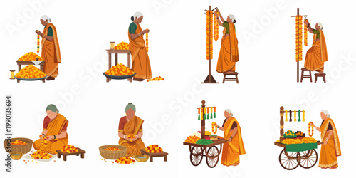 Set of flat vector illustrations of an elderly Indian woman in a saree making and selling traditional marigold flower garlands for festivals.