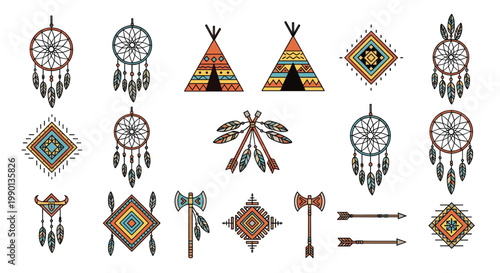 Collection of native american style icons including colorful dreamcatchers and teepees with axes and arrows for ethnic heritage projects.