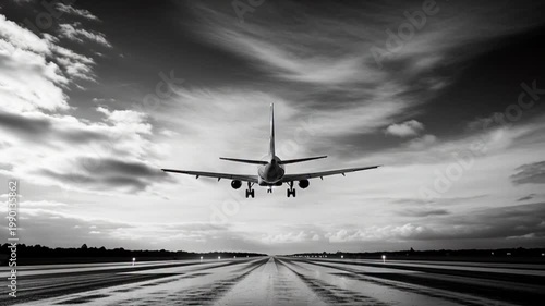 Dramatic Black and White Airplane Takeoff on Wet Runway