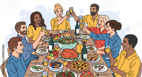 A diverse group of friends and family gathered around a large dining table, toasting with drinks and enjoying a festive meal together.