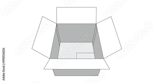 Top down view of an open empty white cardboard box with light gray shadows on a white background for packaging or moving and storage ideas.
