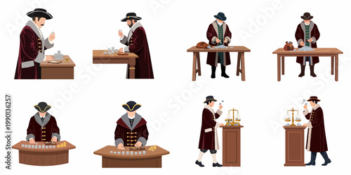 Set of flat vector illustrations featuring historical figures in 18th-century attire engaged in financial activities like counting and weighing coins.