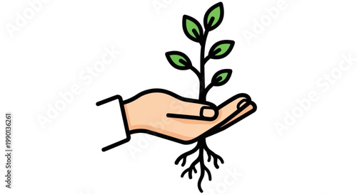 Hand holding a small green plant with roots and leaves symbolizing growth and nurturing in a white background