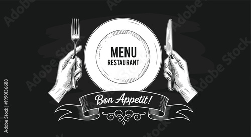 Elegant restaurant menu design featuring hands holding a fork and knife around a dinner plate with a banner for bon appetit.