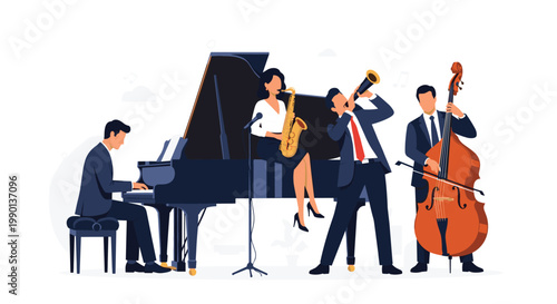 Flat vector illustration of a jazz band performing with a pianist, saxophonist, trumpeter, and double bass player on stage.