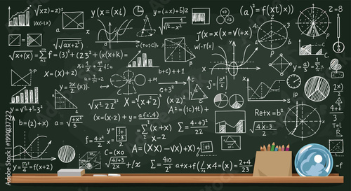 Classic school blackboard filled with various complex mathematical formulas, equations, graphs, and geometric drawings in chalk.