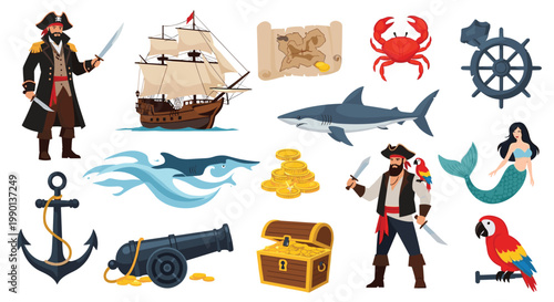 Nautical pirate adventure icons set includes ship captain treasure chest map mermaid shark and parrot for marine themed illustrations.