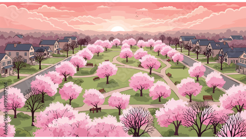 Cherry Blossom Park Townscape Spring Morning Sunrise Scenery for Real Estate & Lifestyle