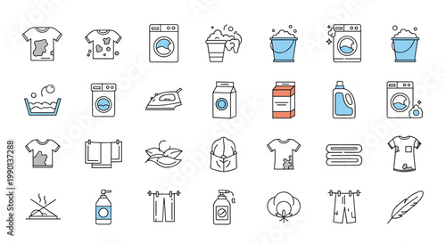 Laundry service and clothing care icons collection shows washing machines irons detergents and dirty clothes in a clean line style.