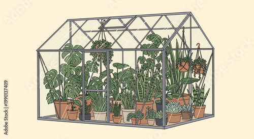 Indoor greenhouse filled with many species of potted plants including monstera and snake plants in terracotta pots on a yellow background.