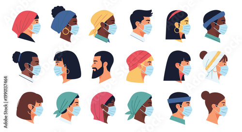 Diverse group of people profiles wearing protective face masks in various colors and styles shown in a clean flat illustration style.