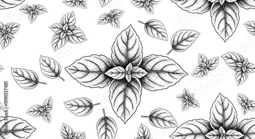 Seamless pattern of hand drawn basil leaves in black and white sketch style creates a fresh herbal background for cooking and kitchen design.