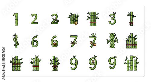 Bamboo Numbers Collection: Green Stalks, Asian Design, Decorative Set
