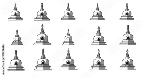 Buddhist Stupa Icon Set: Traditional Sacred Monument Vector Illustrations