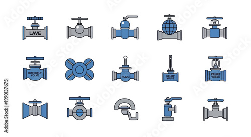 Industrial Valve Collection: Plumbing, Water, Gas, Control - Vector Icons