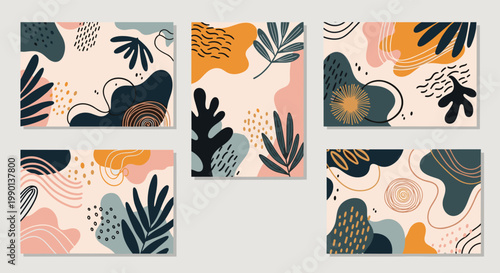 Collection of abstract cards features organic shapes in muted tones like coral charcoal and mustard with delicate leaf and line motifs.