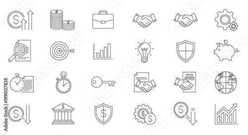 Business Icons Set: Finance, Success, Strategy, Teamwork, Security, Investment, Growth