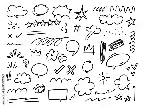 Hand Drawn Doodle Elements Set Icons Scribble Speech Bubble Star Arrow Sketch Vector