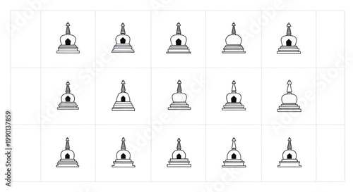 Collection of Buddhist Stupa Icons, Simplified Line Art, Religious Symbols, Spiritual Architecture