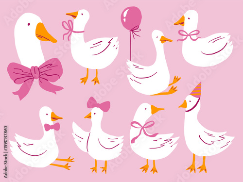 Cute Goose Characters Set Hand Drawn Duck Animals Bow Balloon Party Vector