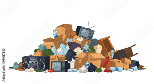 Large pile of household garbage and waste includes cardboard boxes plastic bottles old furniture and vintage electronic appliances.