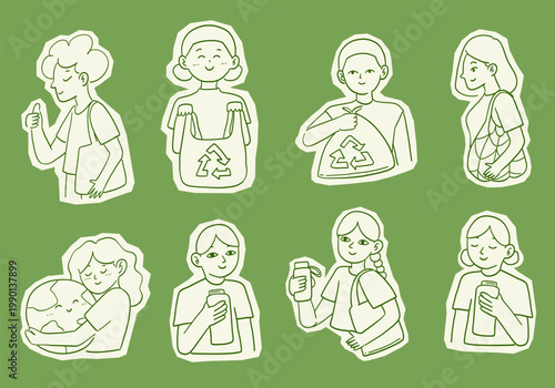 Hand Drawn Eco Lifestyle Characters Recycling Reusable Bottle Sustainability Vector