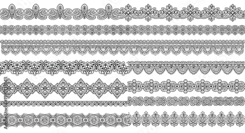 Set of vintage lace border patterns in black and white features intricate floral and geometric details for classic textile decorations.