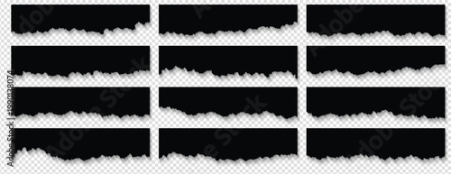 Black ripped paper strips collection. Realistic paper scraps with torn edges. Sticky notes, shreds of notebook pages. Vector illustration.