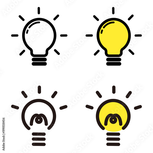 線画と黄色発光で見せる電球アイコンセット ひらめきやアイデア表現に使えるシンプル照明ベクター素材