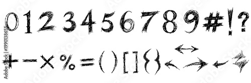 Set of hand drawn grunge numbers and math symbols, with scratched ink texture, horror style sketched font Rough charcoal texture numbers set, minimalist gritty vector decorative symbols.