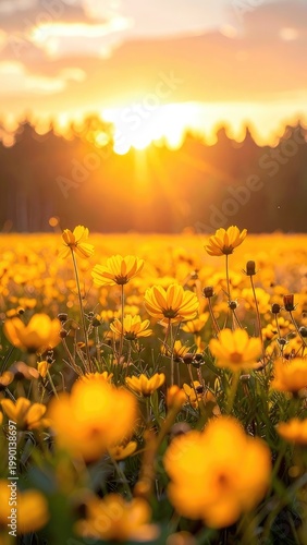 A vibrant field of yellow wildflowers basks in the warm glow of a setting sun, creating a picturesque and serene natural landscape.