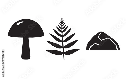 Woodland Nature Silhouettes Set with Mushroom, Fern, and Rock