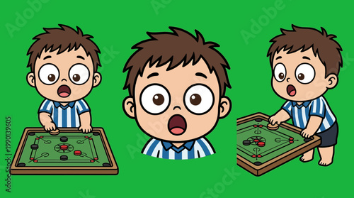 Cartoon Boy Playing Carrom Board Game with Excitement and Focus.