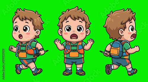 Cartoon Boy Running with Backpack in Various Poses on Green Screen.