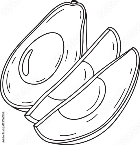Avocado Halved and Sliced Outline Drawing Isolated on White Background