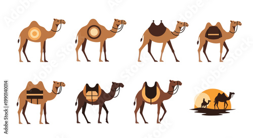Collection of Camel Icons and Illustrations: Desert Transportation, Caravan, Dromedary, Silhouette
