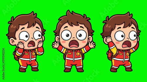 Cartoon Boy Expressing Shock and Surprise with Different Gestures.