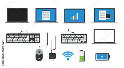 Set of modern laptops, keyboards, mouse, charger, wifi and battery icons