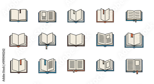Collection of Open Books Icons, Vector Illustrations for Education, Reading, and Knowledge Concepts