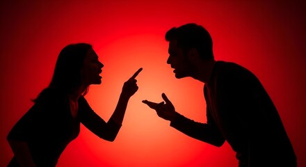 A couple in a heated argument with their silhouettes visible against a red background.