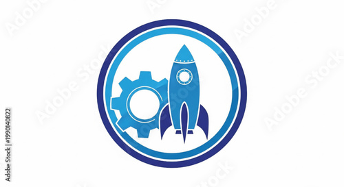 Rocket and gear icon with circular border symbol for technology startup and engineering innovation featuring launch, development, sci fi with space